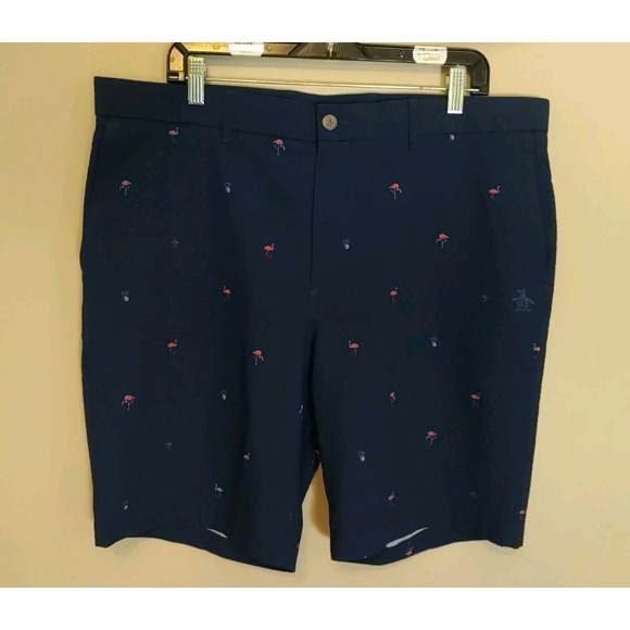 Original Penguins Navy Textured Embroidery Flamingos Men Shorts Size 38 Fits 39 - Picture 1 of 8